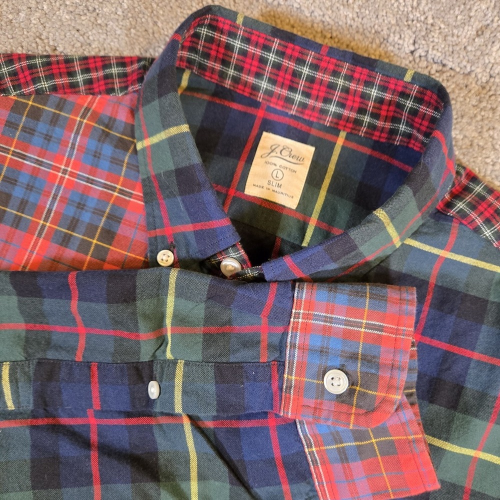 J Crew Flannel Shirt Men's Red Blue Green Plaid Patchwork Large Button Down Slim